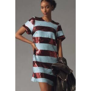 MAEVE Anthropologie Short Sleeve Sequin Striped Mini Dress Size XXS